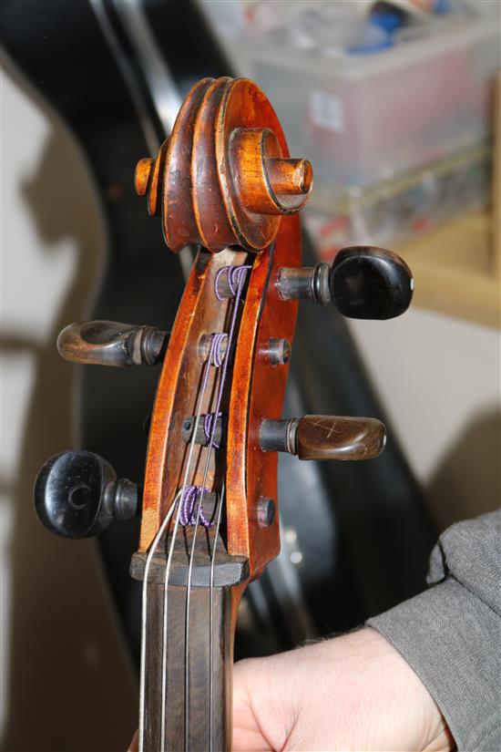 A cased cello and unsigned bow L.123cm